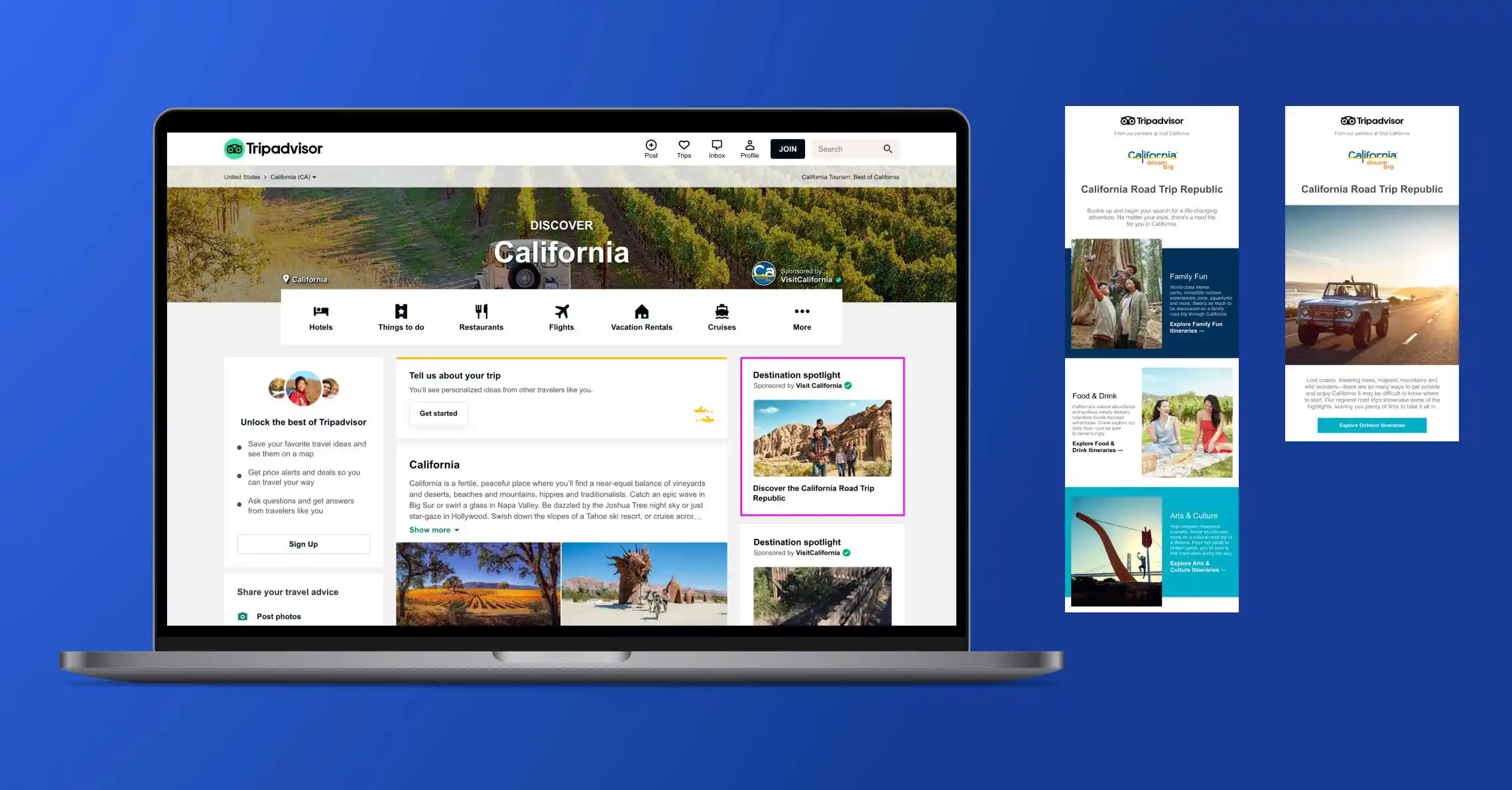 Visit California – Road Trip Republic Campaign – Tripadvisor – Sponsored Hero Image, Destination Spotlight & Marketing Emails